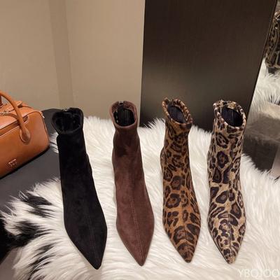 Botas de moda talla grande para mujer tacón medio punta cuadrada cremallera trasera botines cortos otoño estampado de leopardo elásticas botas ajustadas para mujer