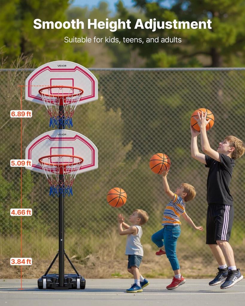 Portable Basketball Stand, 1.6 to 2.1m Height Adjustment Basketball Hoop & Goal, Kids Adjustable Basketballs Hoop with Nylon Net & Rolling Wheels,