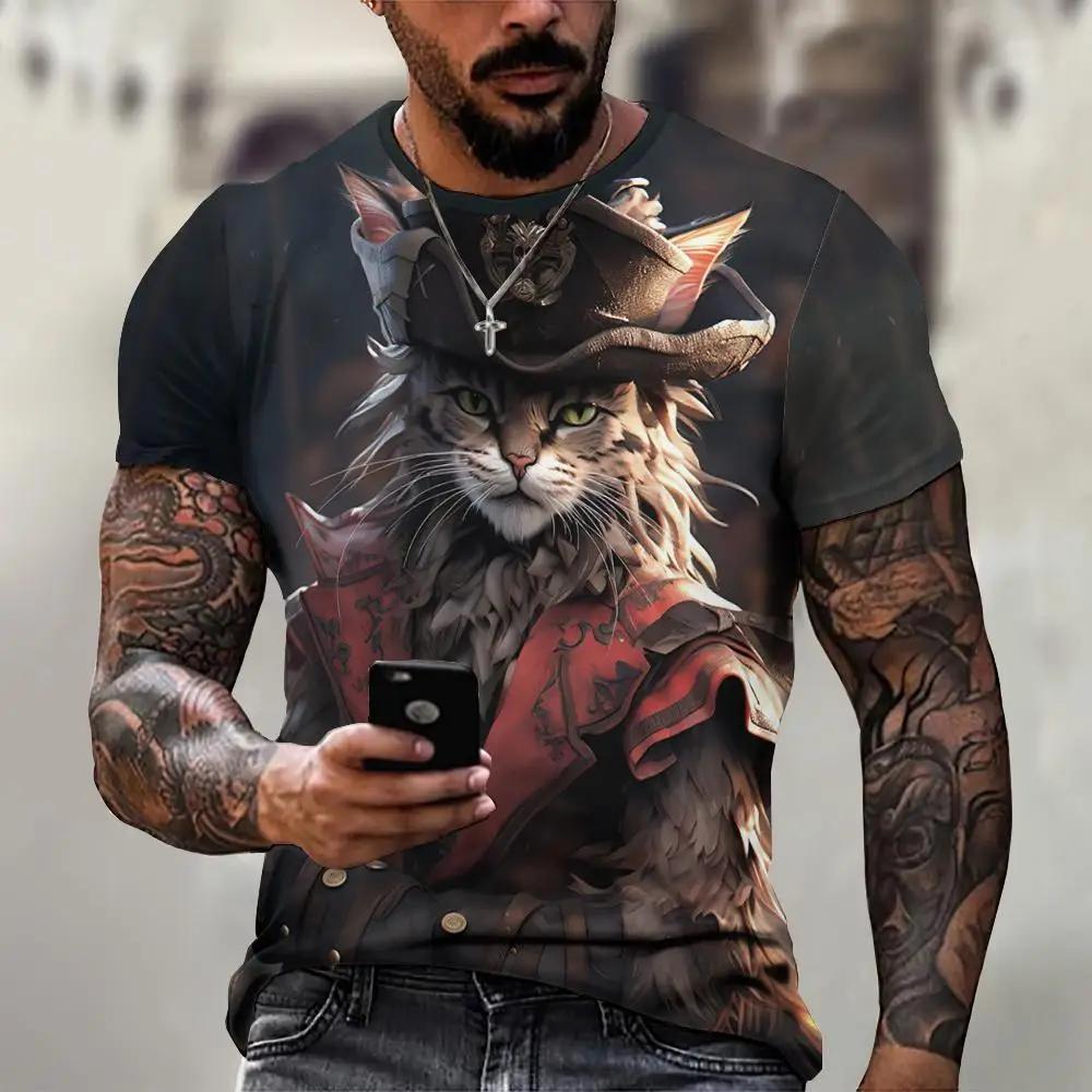 Men's 3D Printed T-Shirt Cute Cat Pattern Print Short Sleeve O-Neck Pullover Casual Top