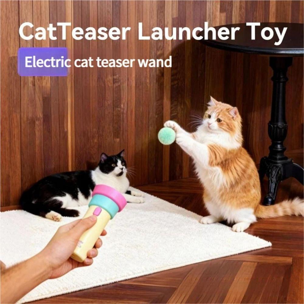 USB Rechargeable Cat Teaser Launcher Toy Hands-Free with Retractable Rope Automatic Cat Teaser with Fluff Ball Boredom Relief