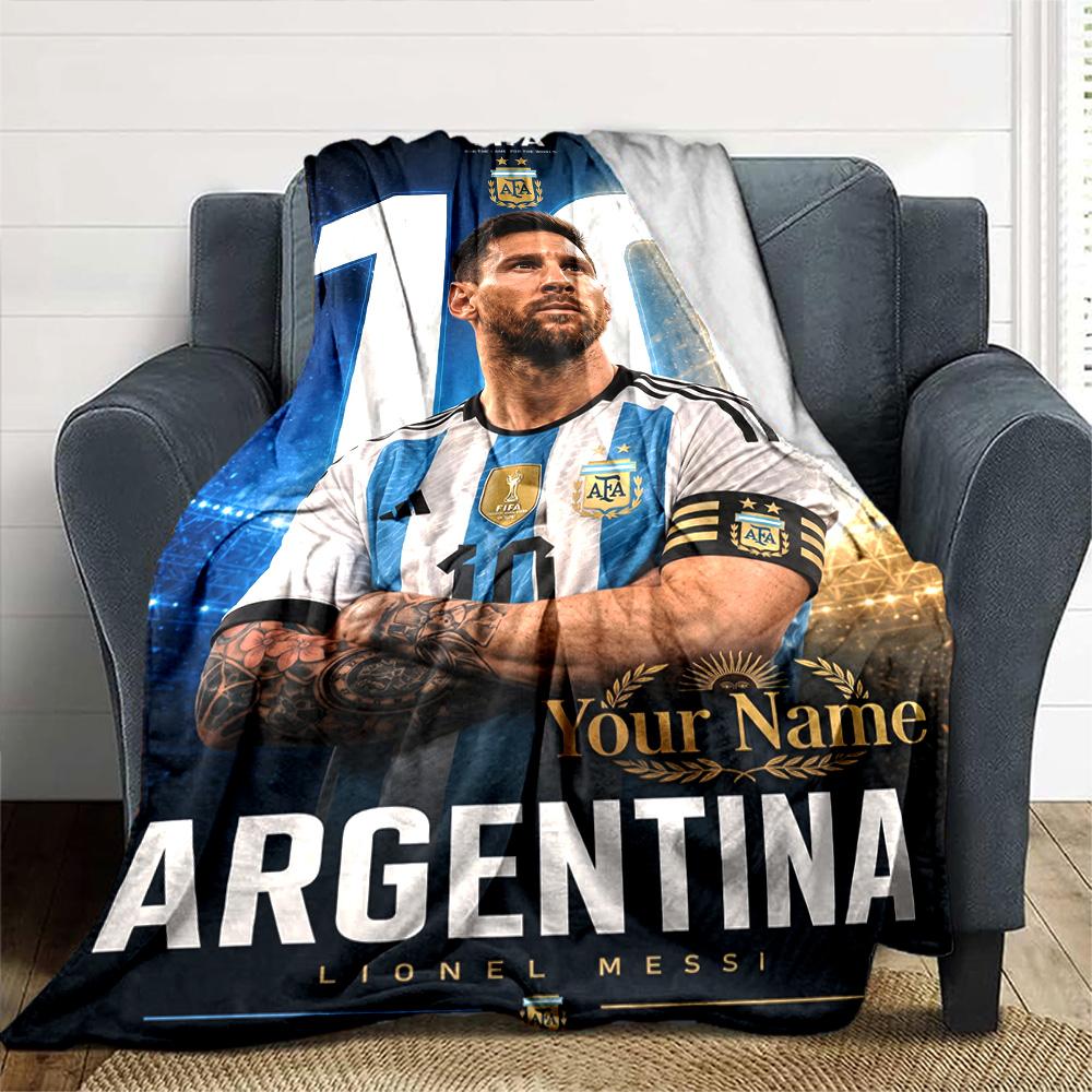 Football Messi Personalized Name Blanket Throw Customizable Blanket Comfortable Great for Picnics Couch Office Chair Sofa All-Season Use