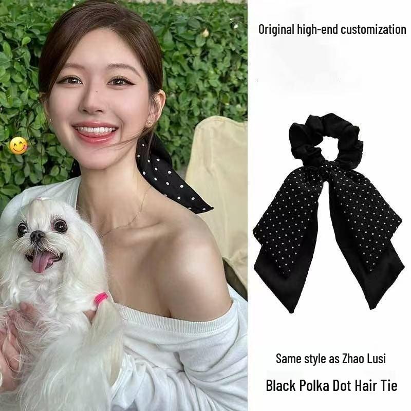 Korean Polka Dot Double Layer Scrunchie Bow Ponytail Tie Headband Hair Accessory