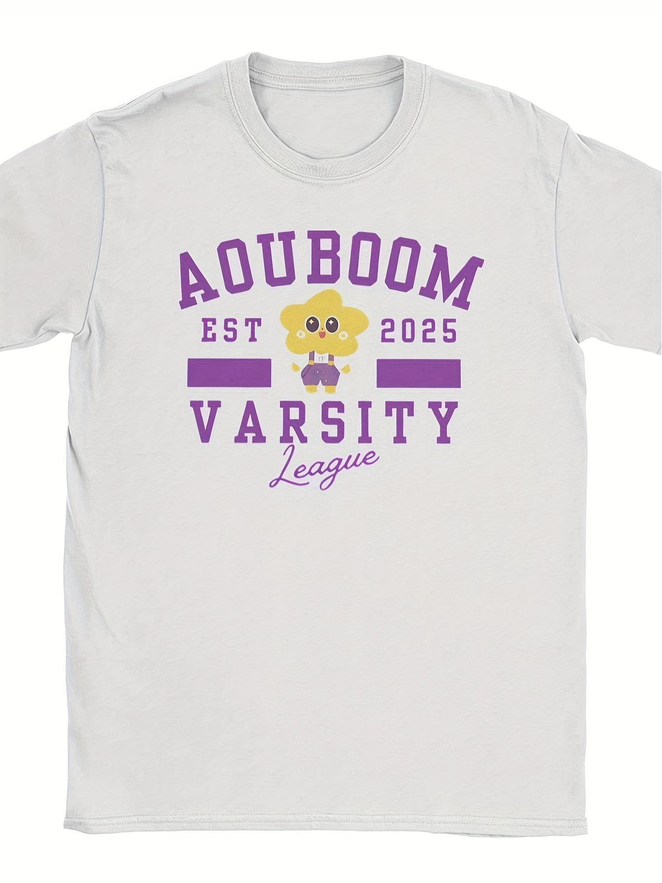 Unisex AouBoom Logo T-Shirt with Purple Lettering & CP Logo - White Crew Neck Short-Sleeve Casual Shirt Suitable for Team Uniforms S