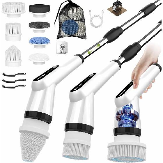 Electric Spin Scrubber, Dreazu IPX7 Bathroom Scrubber with 7 Replaceable Brush Heads & Retractable Handle, 2-Speed Adjustable Shower Cleaner Brush