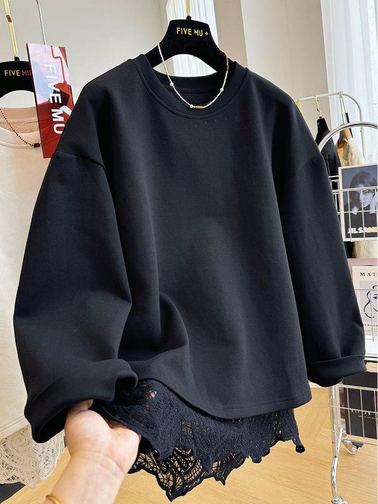 Women's 2024 Lace Splicing Faux Two-Piece Round Neck Sweatshirt - Spring/Autumn Casual Loose Fit