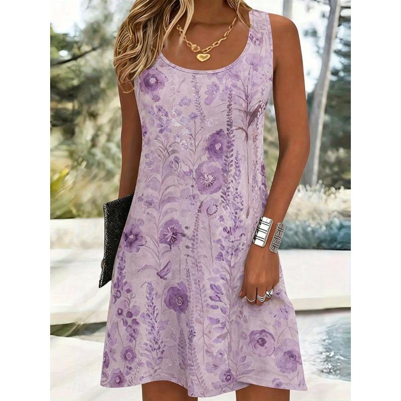 

Women s U-Neck Watercolor Purple Floral Print Sleeveless Casual Tank Dress Beach Vacation Mini Dress for Spring Summer S