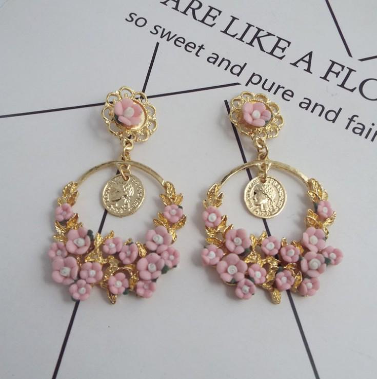 Retro Pastoral Large Hoop Earrings with Ceramic Flowers for Women