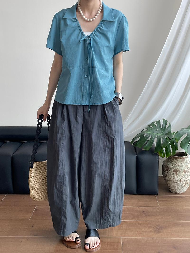 [Welfare payment, non-refundable] Korean age-reducing V-neck lace-up short-sleeved shirt women s shirt 2771 M