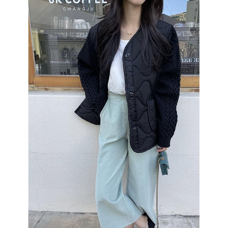 Winter Women Sweaters Patchwork Wadded Buttons Coat Knitting Jacket Fake Two-Piece Loose Sweater