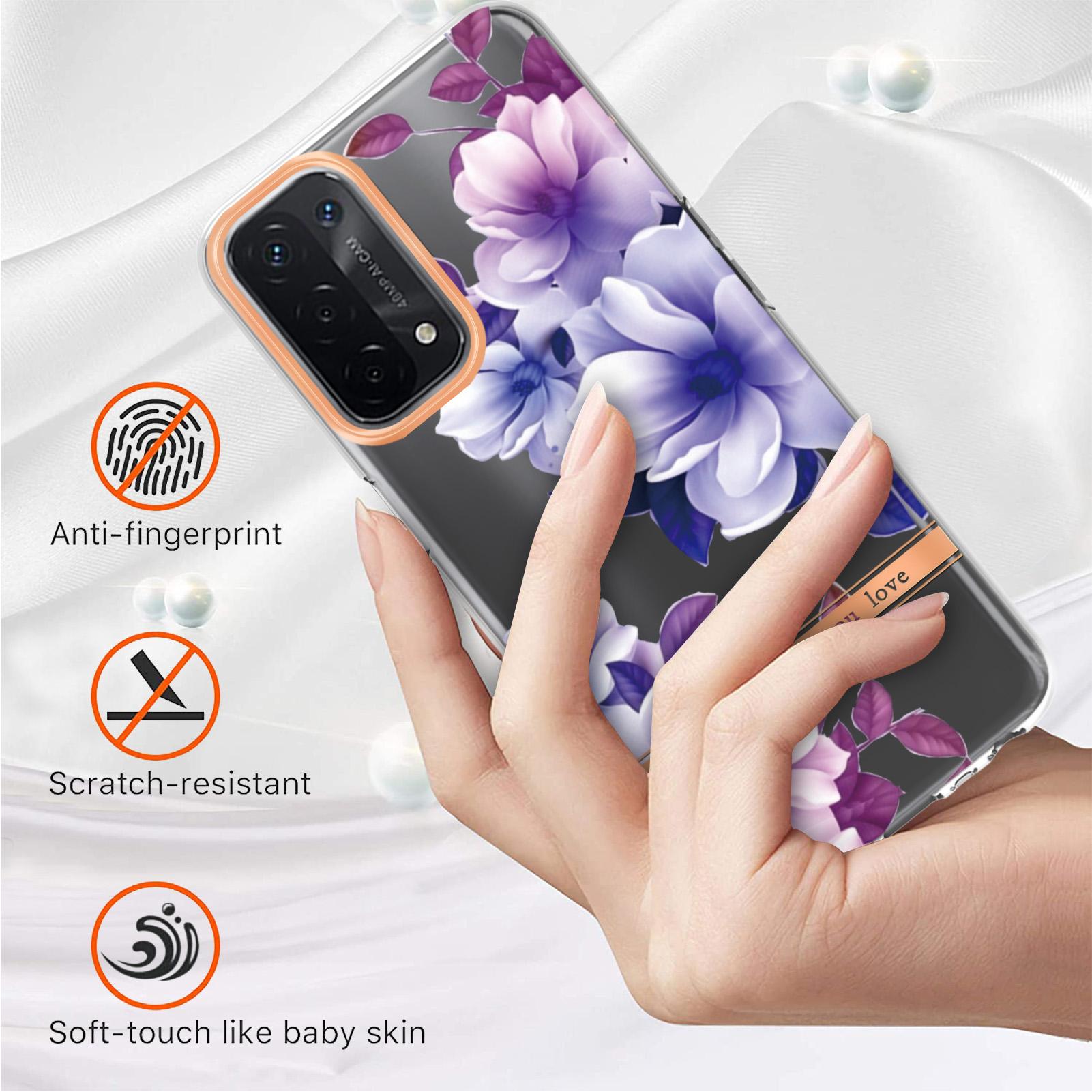 

LB5 Series Flower Pattern Fingerprint-free Anti-scratch Phone Case IMD IML Electroplating TPU Shell for Oppo A74 5G/A93 5G/A54 5G/A93s 5G HC004 Purple Begonia