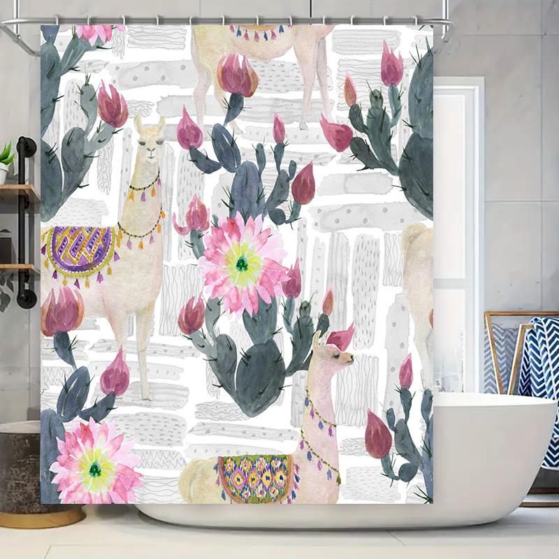 

Watercolor Floral Animal Design Shower Curtain Decorative Bath Rug Set For Bathroom Pink Green White Black Gray Cactus Llama Cow W60H190(CM)-1 Pcs