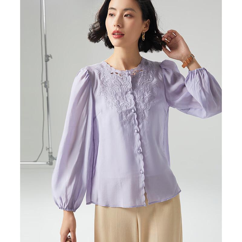 Tencel Blend Retro Embroidered Lantern Sleeve Blouse L