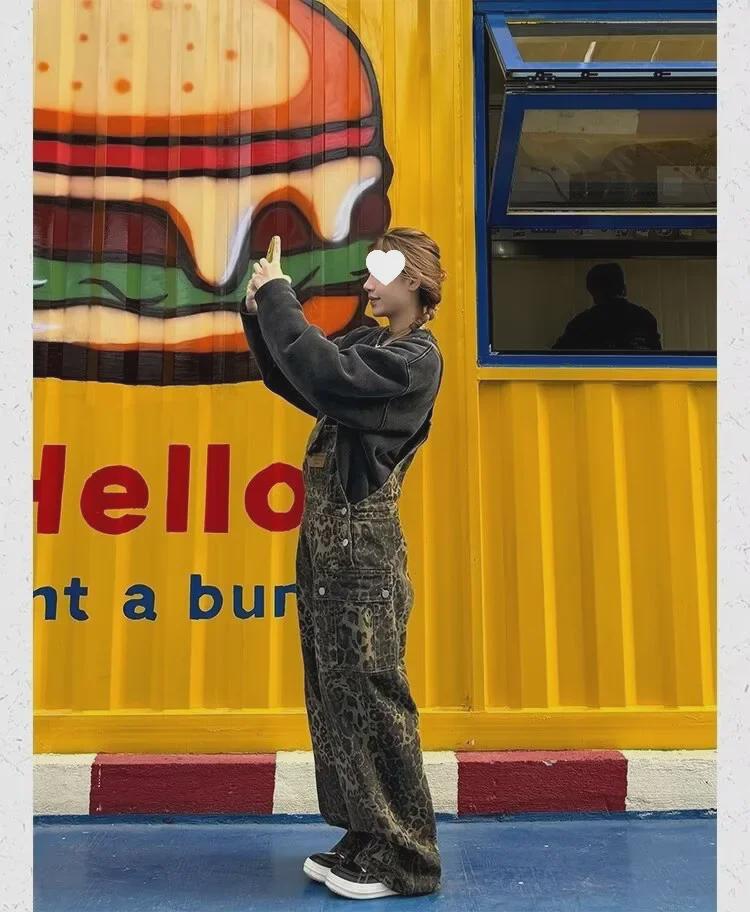 Unisex American Retro Loose Straight Leopard Print Overalls – New Street Style Washed Wide-Leg Multi-Pocket Pants Trend