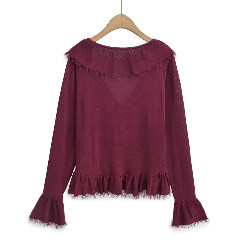 Fashion Style 2024 Autumn New Female Ruffled Tied Loose Knitted Long Sleeves Cardigan Top 2142122
