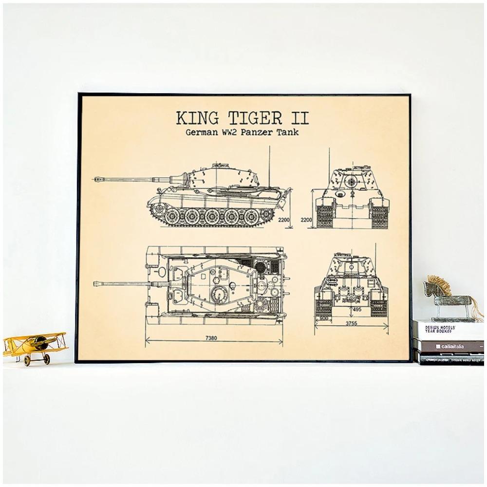 WW2 Tank Patent Vintage Posters and Prints German Tank King Tiger 2 Blueprint Art Canvas Painting Boys Gifts Wall Art Decor