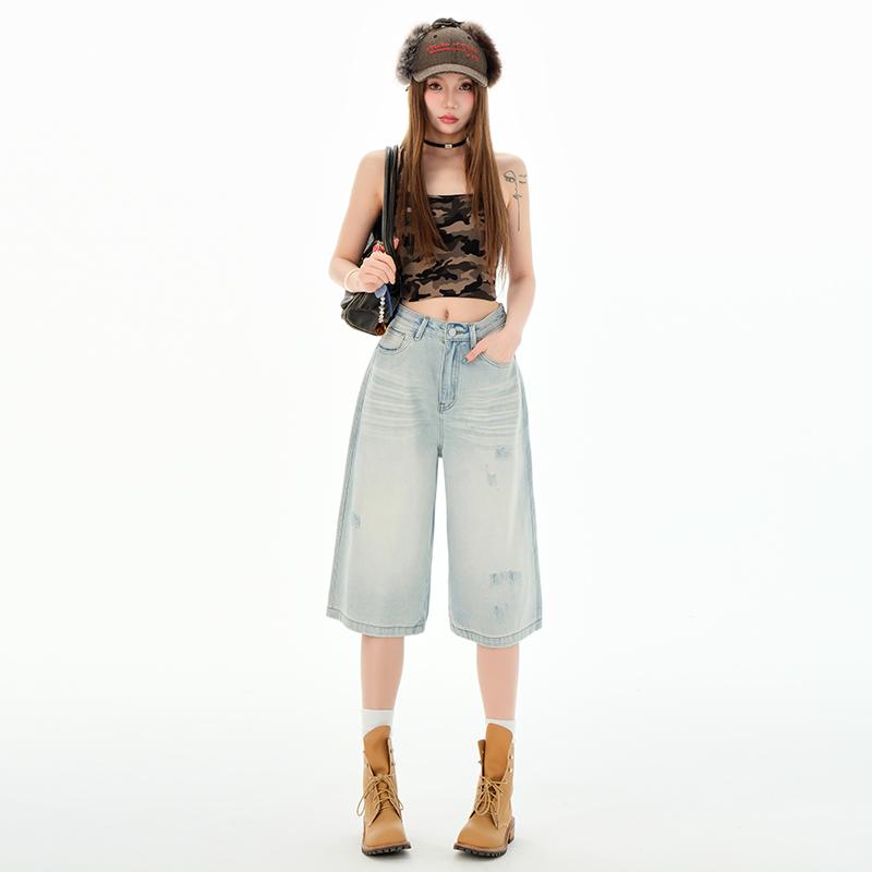 American Retro Cargo Denim Pants Women Fashion Casual Wide Leg Capri Jeans Summer Simple All Match Baggy Jeans