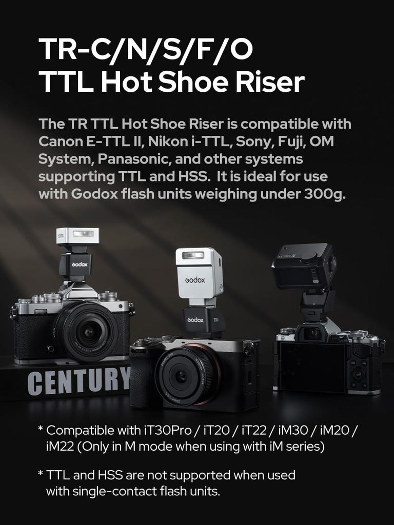 Godox TTL Hot Shoe Riser for and Cameras 30mm Height Increase Angle Adjustment with Direct and Jumping Reduces Lens Shadows Compatible with Godox
