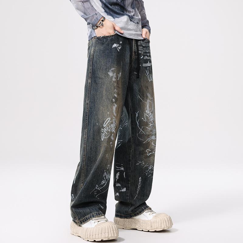 American Graffiti Printed Jeans Men's Loose Straight Wide-leg Pants