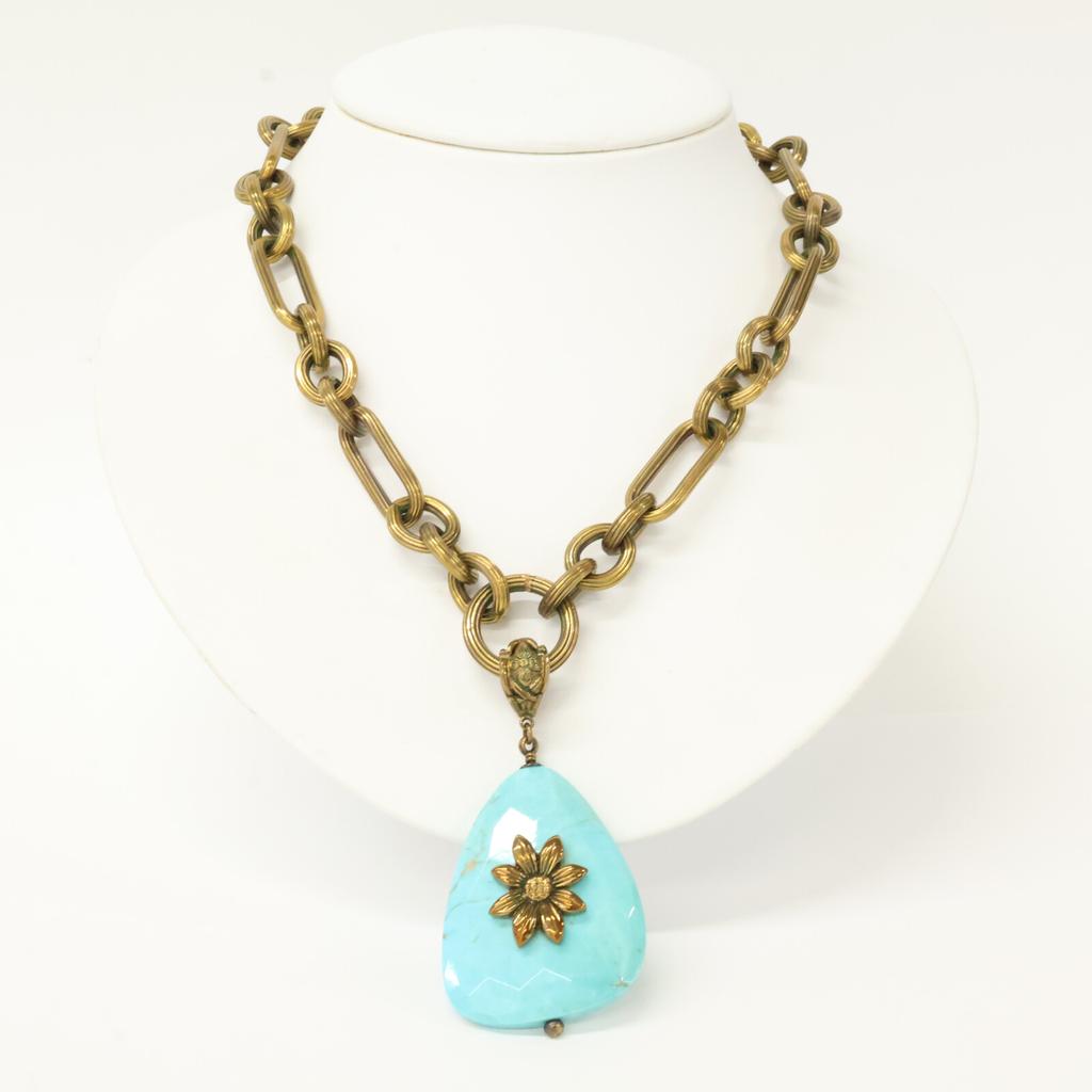 STEPHEN DWECK Flower Turquoise Drop Top Chain Necklace Gold/BlueUsed