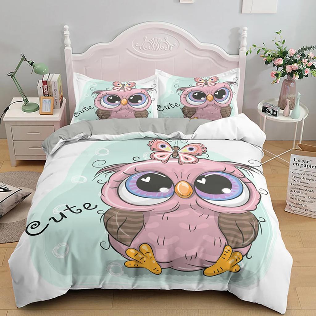 Cartoon Owl Duvet Cover Cute Night Animal For Kids Boys Girls Gifts Owl And Koala Tribal Feather Style Green Bedroom Decorations