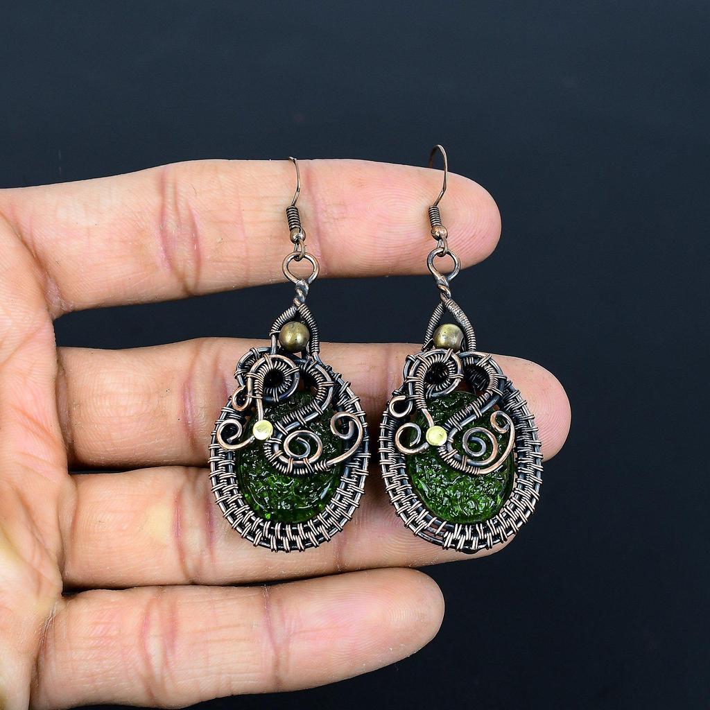 Moldavite Earrings, 999 Copper Wire Wrapped Gemstone Jewelry, Handmade  Earrings For Mother Day