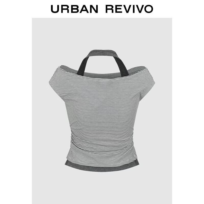 UR2026 Women s Striped Halter Neck Faux Two-Piece T-Shirt S