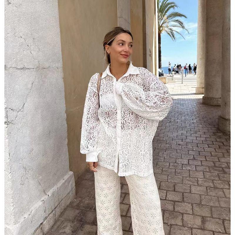 

New Summer French style Style Lace Loose Cut-out Shirt Hollow out Loose Fitting Shirt White S