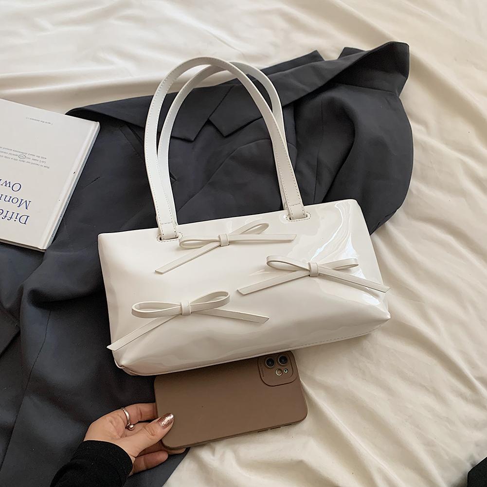 Women Simple Underarm Bag PU Leather Bowknot Handbag for Outdoor Travel (White)