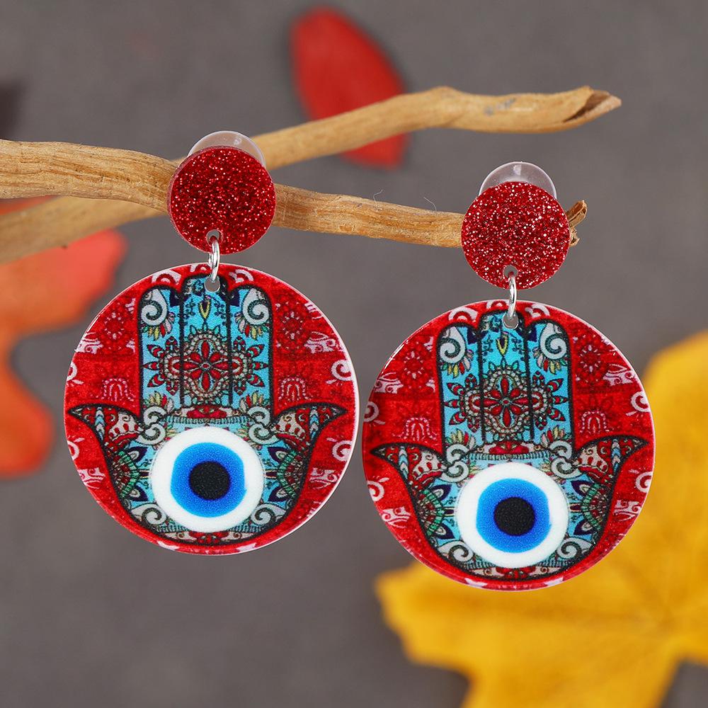 European Fashion Round Acrylic Jewelry Set: Demon Eye Palm Pendant, Earrings, Necklace, Charms
