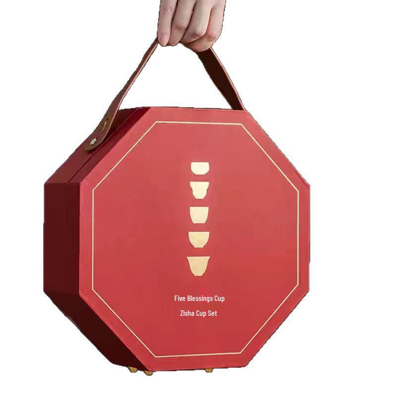 Retro Wenchuang Zisha Ceramic Teacup Gift Box with Five Blessings Logo - Perfect Souvenir for Clients and Leaders