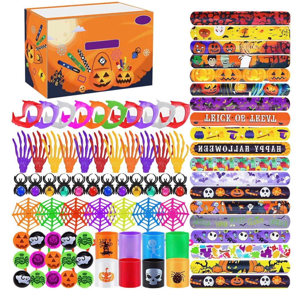Halloween Party Favors 170PCS Assortment Set for Kids Including Bracelets Rings and Webs for Prizes Goodie Bags or Treat Supplies