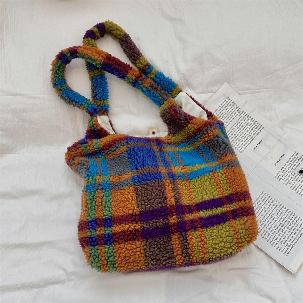 Elegant Plush Shoulder Bag With Distinctive Leopard Print Ideal For Daily Fashion Statements Colorful Plaid