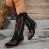 Women's Winter Suede Embroidered High Heel Boots Plus Size 43 Chunky Heel Pointed Toe Western Cowgirl Knee-High Boots Fashion
