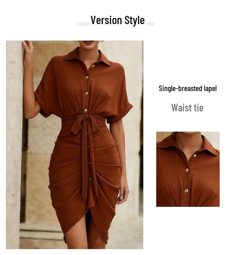 Elegant European & American Style Lace-up Shirt Dress with Adjustable Lapel and Waist-cinching Design - Fashionable Women's Attire for 2026.