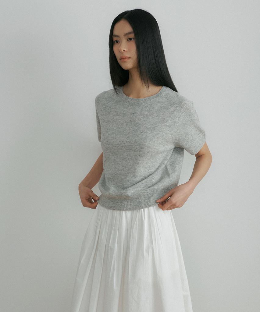 Lingseoul Wool Round Neck Half Sleeve Knit Top-Melange