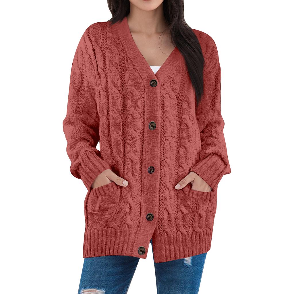 Women's Fashion Solid Color Casual Cardigan Jacket Cable Knit Button Cardigan Sweater