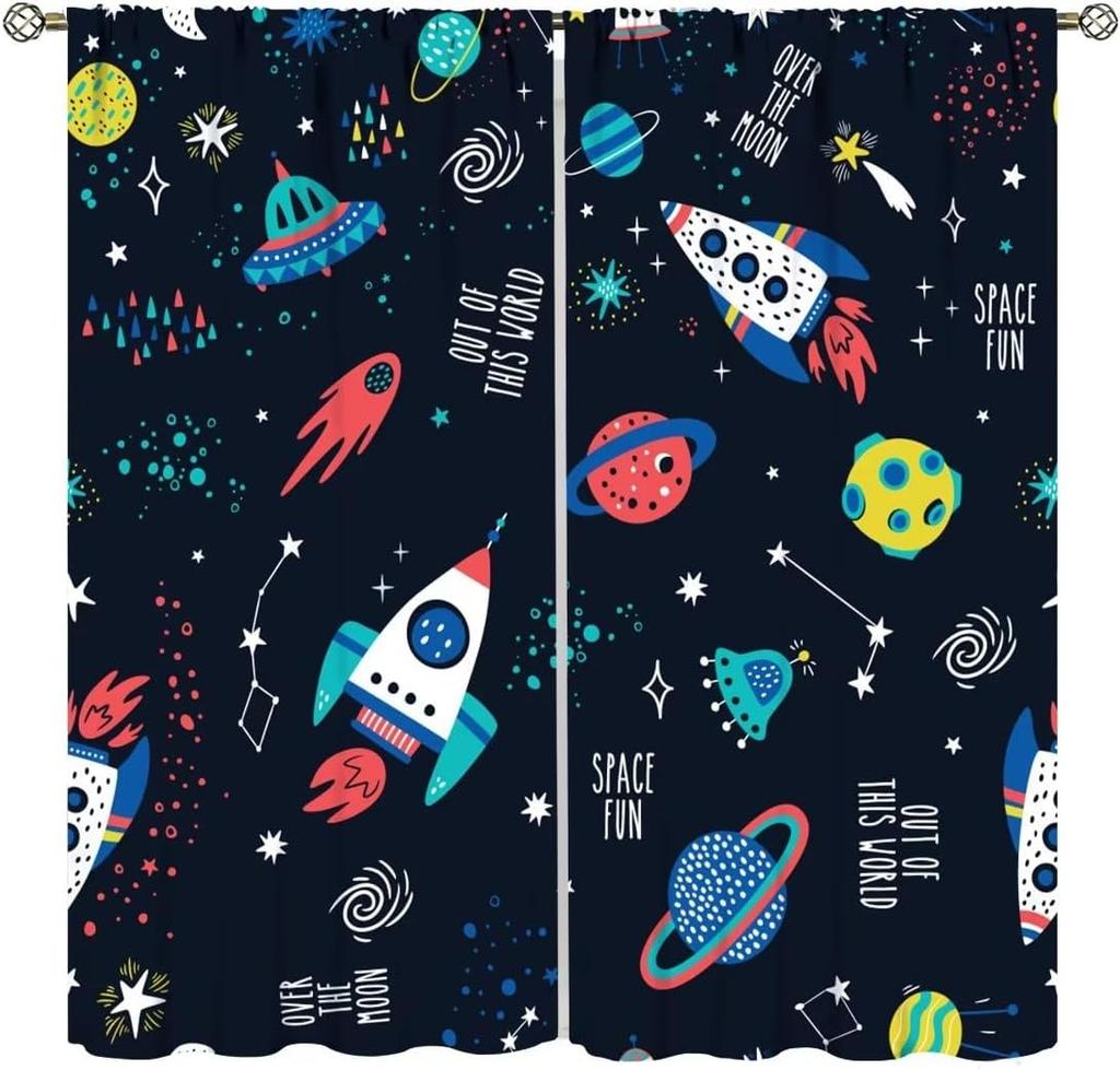 Kids Outer Space Rocket Curtains Cartoon Universe Galaxy Starry Sky Cosmos Boys Girls Study Room Bedroom Curtain For Master Made Of Polyester