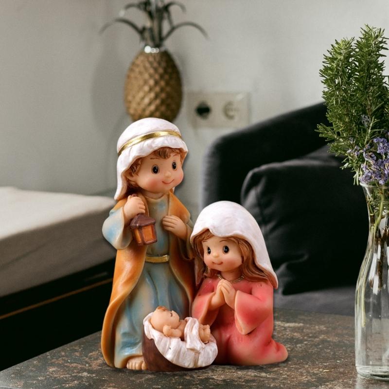 Cartoon Miniature Nativity Scene Statue Religious Home Decors Resins Holy Family Figurine For Christmas Celebration