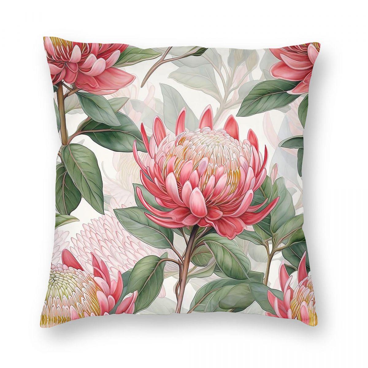 Australian Waratah Flower Square Pillowcase Polyester Linen Velvet Printed Zip Decor Home Cushion Cover Peach skin 18*18(CM)-1Pcs
