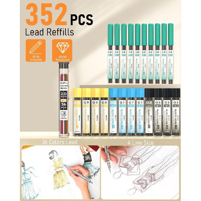 Nicpro Blocky Gear Metal Mechanical Pencil Set with Leather Case, 40PCS Art Drafting Pencil 0.5, 0.7, 0.9 & 2mm Lead Pencil with 352PCS (HB 2H 4H 2B