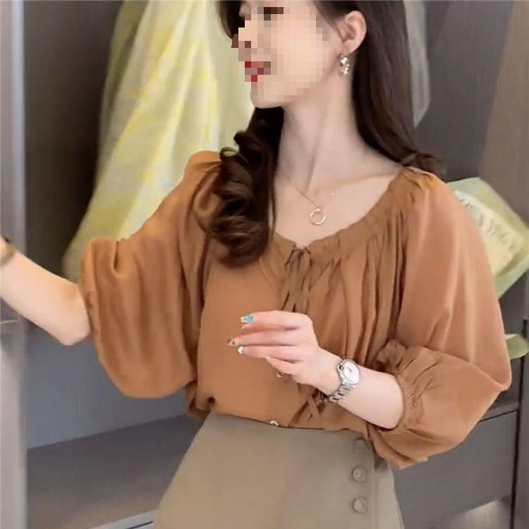 Schickes Dreiviertelarm-Puffärmel-Chiffonhemd für Damen - Stilvolles Sommer-Französisches Design