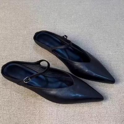 New Style Elegant Leather Sandals Cover Toe Mules Slippers Shallow Slip-On Slides Shoes Comfortable Ladies Footwear