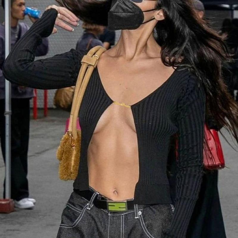 Pulover tricotat tricotat cu mânecă lungă, sexy, de toamnă și iarnă, cu etichetă aurie în V adânc