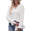 Spring and Autumn Women's Solid Colour Hole Lace V-Neck Long Sleeve Top