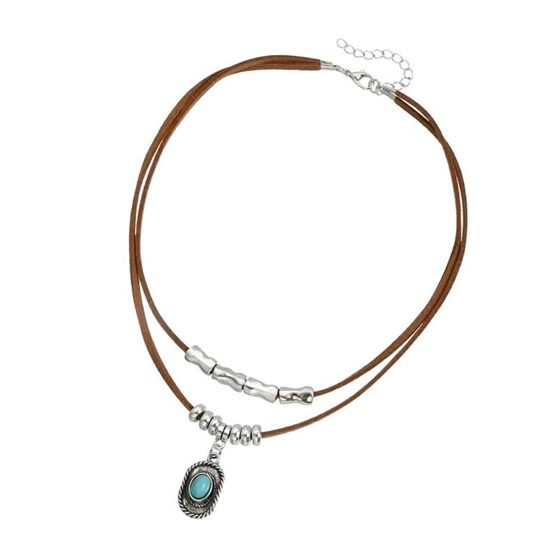 Bohemian Multi-layer Necklace with Turquoise Pendant and Denim Hat on Suede Chain for Women