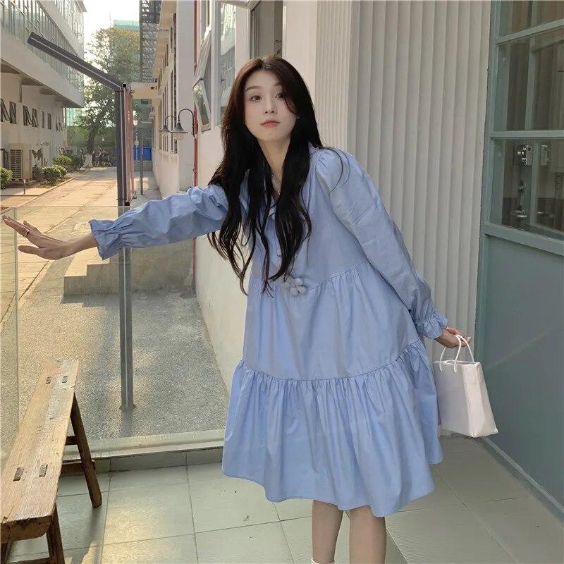 Dresses Women 3D Flower Y2k Autumn Hotsweet Korean Style Simple Long Sleeve High Street All-match Temperament Knee-length Daily