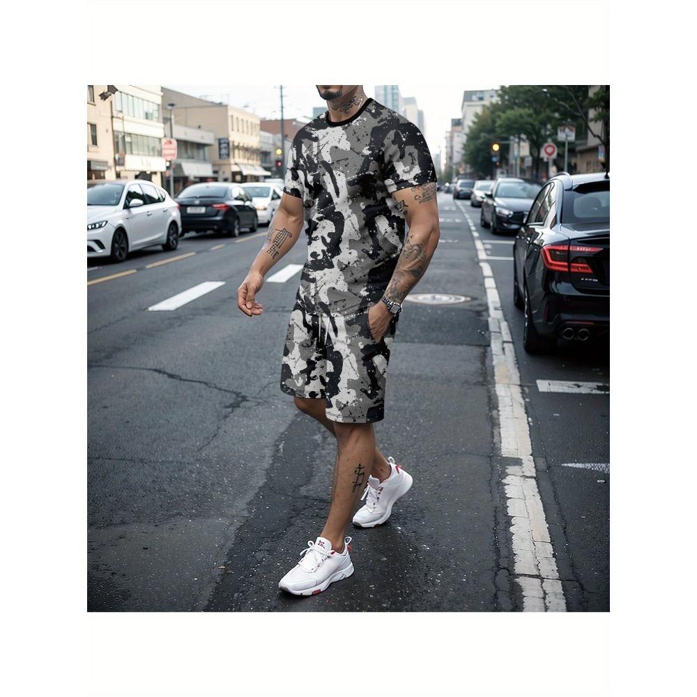 Men'S Summer Tropical Print Short Sleeve Set, Fashion Casual Two-Piece Suit, Sports Shorts And T-Shirt Matching