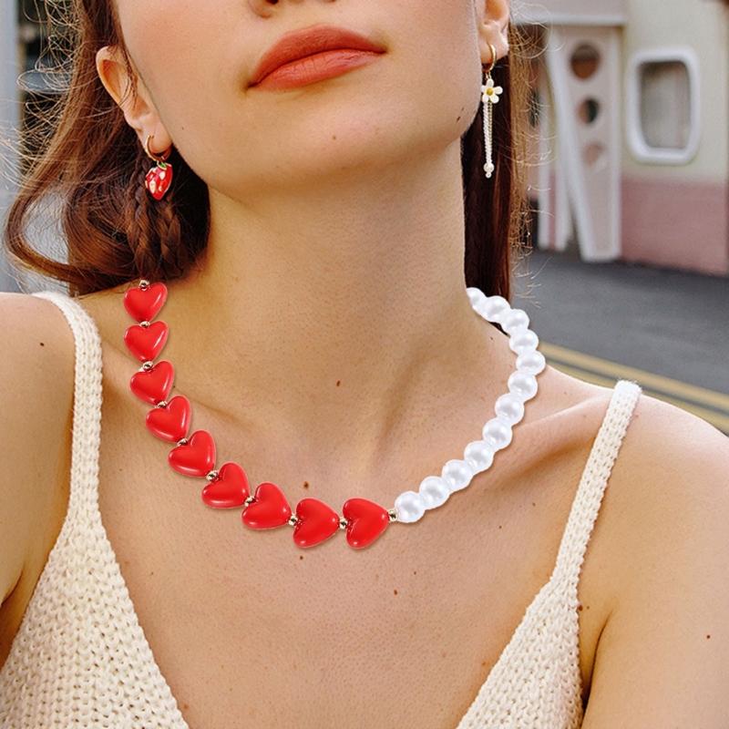 Elegant Heart Shaped Resin and Imitation Pearls Beaded Necklace Fashion Accessory for Women’s Romance Daily Wear
