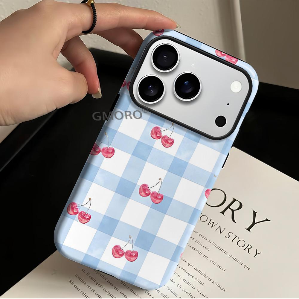 Plaid cherry is suitable for iPhone17 Apple 16Pro 2-in-1 film anti-drop mobile phone case.
