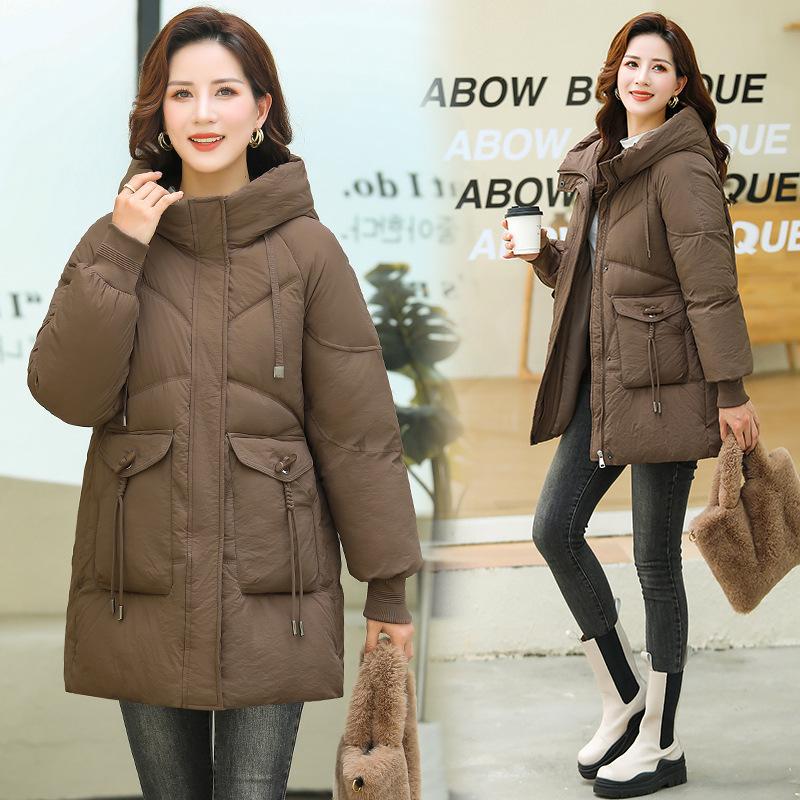 Hooded horn button cotton-padded coat women's long winter new waist thin fashion warm small coat